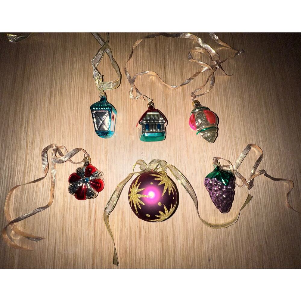 6 Vintage Hand Blown Glass Random Ornaments House Grape Light Etc